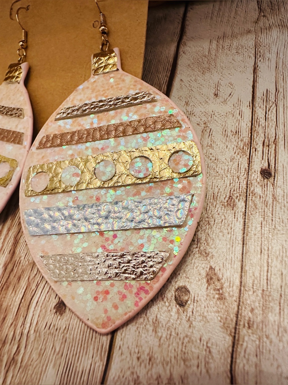 Pale Pink Iridescent whimsical light bulb Earrings with Gold Accents*Plunder* - Picture 3 of 6